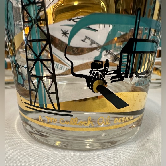 Rare Set of 5 MCM Norma Jean Wright 24k Gold & Turquoise Oil & Gas Bar Glasses - Picture 9 of 15